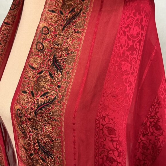 Lauren Ralph Lauren 100% Silk Red & Gold Floral Leaf Scarf Wrap - Picture 2 of 7